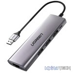 UGreen 60812 USB-A 3.0 Male to 3Port Female Hub & Gigabit Ethernet Adapter With Built-in Micro-USB Power Port & Supports data transfer up to 5Gbps - Grey Colour