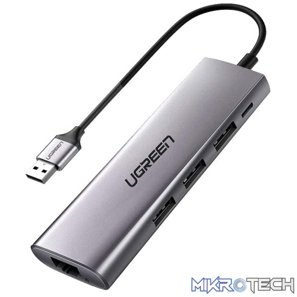 Product UGreen 60812 USB-A 3.0 Male to 3Port Female Hub & Gigabit Ethernet Adapter With Built-in Micro-USB Power Port & Supports data transfer up to 5Gbps - Grey Colour - Image 1