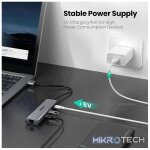 UGreen 60812 USB-A 3.0 Male to 3Port Female Hub & Gigabit Ethernet Adapter With Built-in Micro-USB Power Port & Supports data transfer up to 5Gbps - Grey Colour - Image 4
