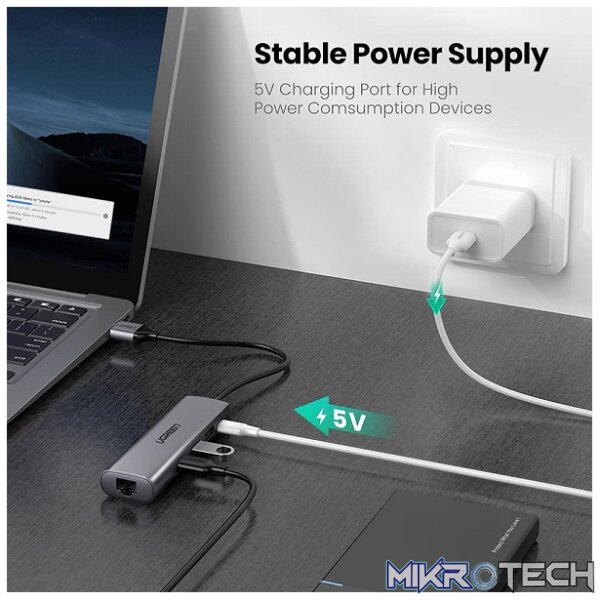 UGreen 60812 USB-A 3.0 Male to 3Port Female Hub & Gigabit Ethernet Adapter With Built-in Micro-USB Power Port & Supports data transfer up to 5Gbps - Grey Colour - Image 4