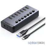 UGreen 90307 USB-A V3.0 7 Ports Data Sync / Charge Powered Hub Via USB-C to USB-A Cable Data Connection And With LED On/Off Button And Powered With DC 12V/2A Supply - Grey Colour