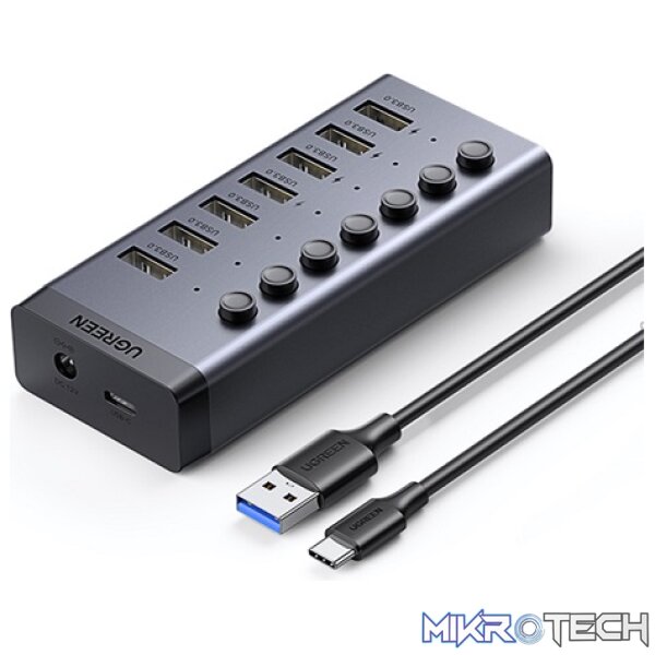 Product UGreen 90307 USB-A V3.0 7 Ports Data Sync / Charge Powered Hub Via USB-C to USB-A Cable Data Connection And With LED On/Off Button And Powered With DC 12V/2A Supply - Grey Colour - Image 1