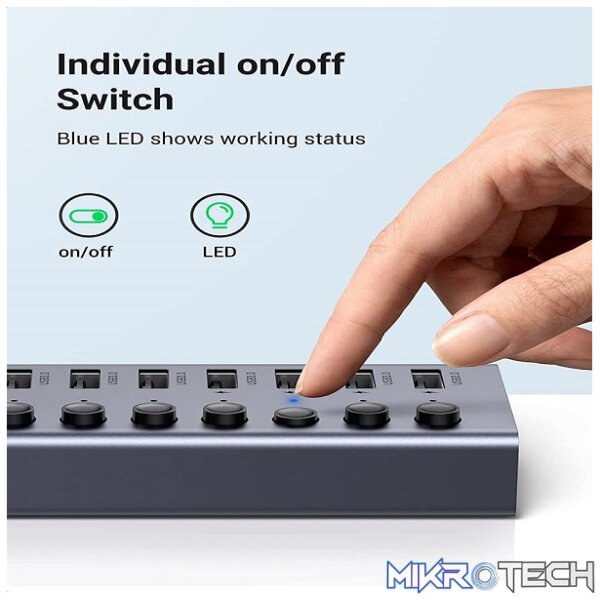 UGreen 90307 USB-A V3.0 7 Ports Data Sync / Charge Powered Hub Via USB-C to USB-A Cable Data Connection And With LED On/Off Button And Powered With DC 12V/2A Supply - Grey Colour - Image 3