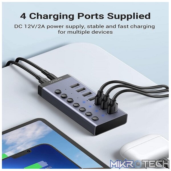 UGreen 90307 USB-A V3.0 7 Ports Data Sync / Charge Powered Hub Via USB-C to USB-A Cable Data Connection And With LED On/Off Button And Powered With DC 12V/2A Supply - Grey Colour - Image 4
