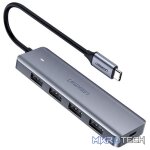 UGreen 70336 USB-C Male to USB-A 3.0 Female 4-Port Hub with USB-C Power Port & OTG Function - Grey Colour