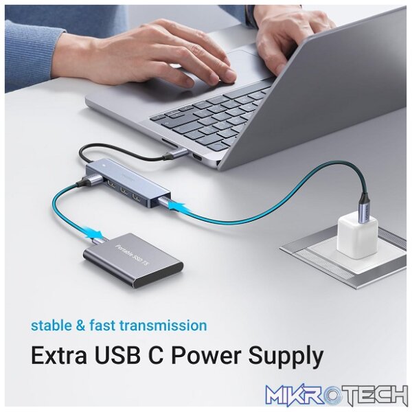 UGreen 70336 USB-C Male to USB-A 3.0 Female 4-Port Hub with USB-C Power Port & OTG Function - Grey Colour - Image 3