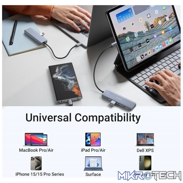 UGreen 70336 USB-C Male to USB-A 3.0 Female 4-Port Hub with USB-C Power Port & OTG Function - Grey Colour - Image 4