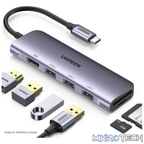 UGreen 70410 USB-C 6-in-1 Docking Station with HDMI 4K@30Hz and 3x USB3.0 5Gbps transfer speed and built-in SD/TF Card Slot - Space Gray Colour - Image 2