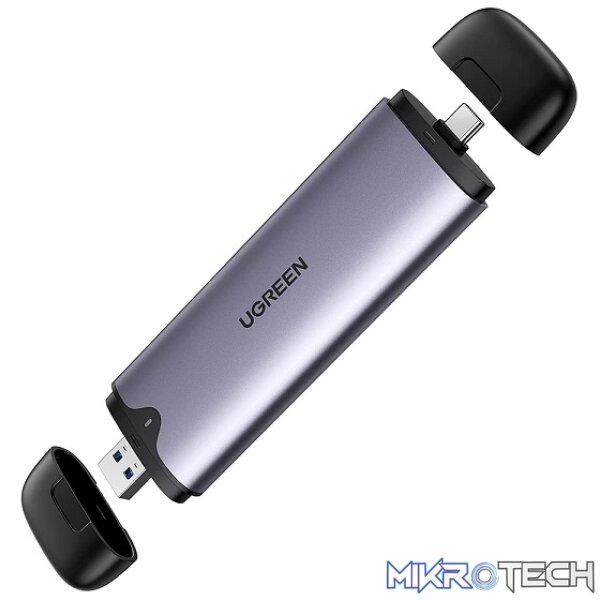 Product UGreen 70532 2-In-1 USB-C 3.1 And USB-A 3.0 Male On-The-Go M.2 PCI-e NVMe M-Key SSD External Enclosure with UASP (USB Attached SCSI Protocol) & Supporting fast data transmission up to 10Gbps - Grey Colour - Image 1