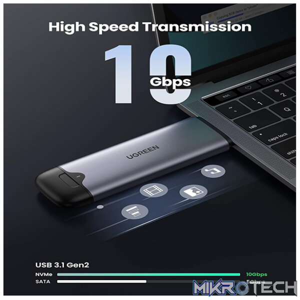 UGreen 70532 2-In-1 USB-C 3.1 And USB-A 3.0 Male On-The-Go M.2 PCI-e NVMe M-Key SSD External Enclosure with UASP (USB Attached SCSI Protocol) & Supporting fast data transmission up to 10Gbps - Grey Colour - Image 3