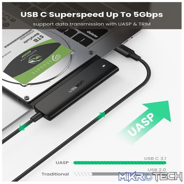 UGreen 70610 USB-C 3.1 Gen 1 Male to 2.5" SATA III HDD/SSD Adapter with Data Transfer Speed up to 5Gbps and Support Plug-and-Play and Hot-Swapping - Black Colour - Image 3