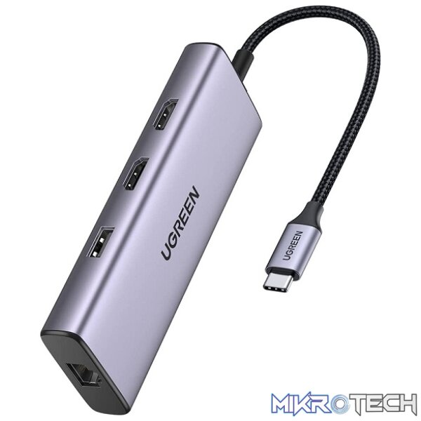 Product UGreen 90119 USB-C 9-In-1 Docking Station with Dual HDMI Supporting extended Desktop and 2x USB3.0 and GLAN/SD+TF Slot and USB-C 60W(max) Power Delivery - Grey Colour - Image 1