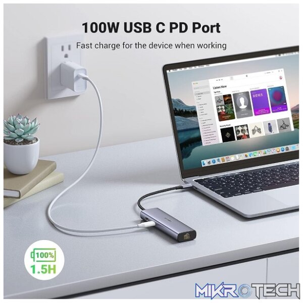 UGreen 90568 USB-C 7-In-1 Docking Station With 2X USB3.0, 1X HDMI 4K@30Hz, GLAN, SD/TF Card Slot and USB-C PowerDelivery 100W (Max) - Grey Colour - Image 3
