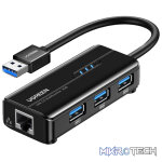 UGreen 20265 USB-A 3.0 Male 3-Port Hub With Gigabit Ethernet Adapter With Nickle-Plated Connectors & Supports Data Transfer up to 5Gbps - Black Colour