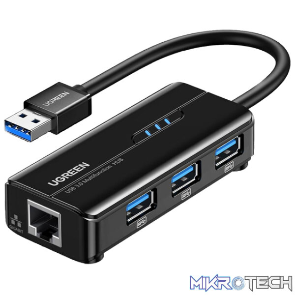 Product UGreen 20265 USB-A 3.0 Male 3-Port Hub With Gigabit Ethernet Adapter With Nickle-Plated Connectors & Supports Data Transfer up to 5Gbps - Black Colour - Image 1