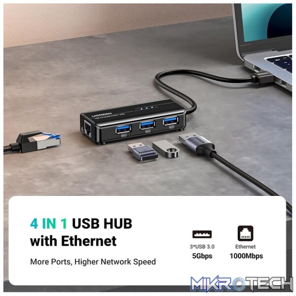 UGreen 20265 USB-A 3.0 Male 3-Port Hub With Gigabit Ethernet Adapter With Nickle-Plated Connectors & Supports Data Transfer up to 5Gbps - Black Colour - Image 2