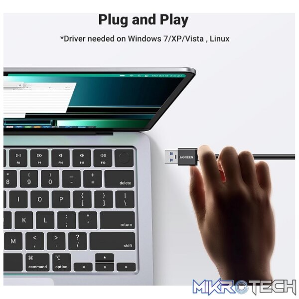 UGreen 20265 USB-A 3.0 Male 3-Port Hub With Gigabit Ethernet Adapter With Nickle-Plated Connectors & Supports Data Transfer up to 5Gbps - Black Colour - Image 3