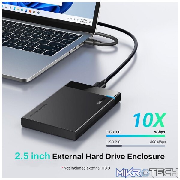 UGreen 30848 USB-A 3.0 SATA III HDD/SSD External Enclosure With Micro-USB3.0 Detachable Cable & Supports Data Transfer up to 5Gbps - Black Colour - Image 3