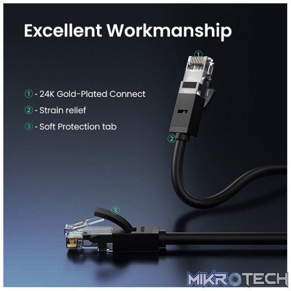UGreen 20159 CAT6 UTP Male to Male Ethernet Round LAN 1m Cable with Gold-Plated Conductor, 8-Core Twisted-Pair & Data Transmission up to 1000Mbps - Black Colour - Image 3