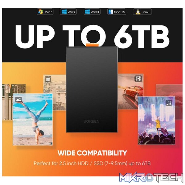 UGreen 60353 USB-A 3.0 2.5" SATA III HDD/SSD External Enclosure With Blue LED Status Indicator & USB-A to B Data Sync Cable - Black Colour - Image 2