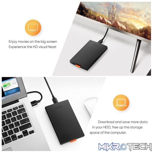 UGreen 60353 USB-A 3.0 2.5" SATA III HDD/SSD External Enclosure With Blue LED Status Indicator & USB-A to B Data Sync Cable - Black Colour - Image 3