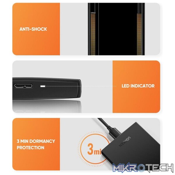 UGreen 60353 USB-A 3.0 2.5" SATA III HDD/SSD External Enclosure With Blue LED Status Indicator & USB-A to B Data Sync Cable - Black Colour - Image 4