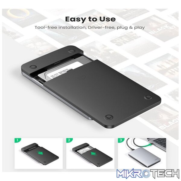UGreen 70499 USB-C 3.1 Gen2 2.5" SATA HDD/SSD Tool-Free Enclosure with Enhanced UASP (USB Attached SCSI Protocol) - Grey Colour - Image 4