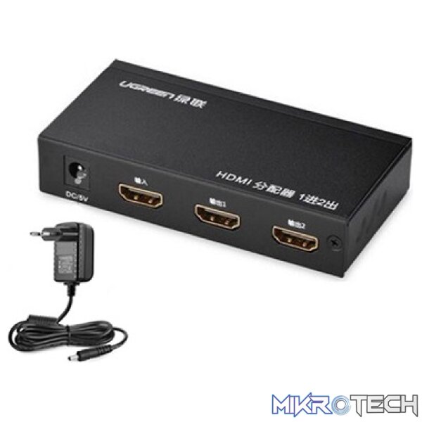 Product UGreen 40201 HDMI 1-In 2-Out 2Port Amplied HDMI Splitter With Audio Supporting HD Resolution And 3D Video Upto 4KX2K@30Hz - Black Colour - Image 1