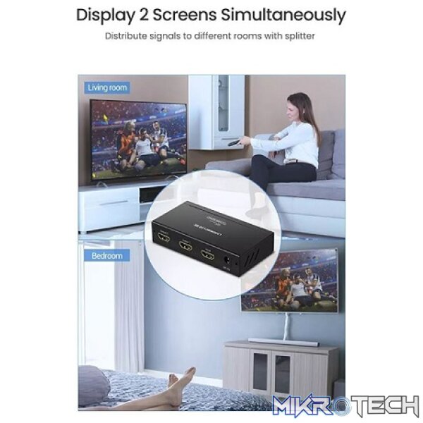 UGreen 40201 HDMI 1-In 2-Out 2Port Amplied HDMI Splitter With Audio Supporting HD Resolution And 3D Video Upto 4KX2K@30Hz - Black Colour - Image 4