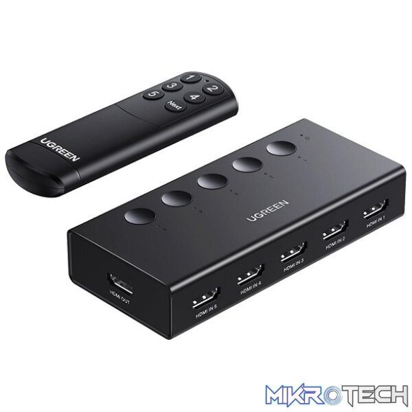 Product UGreen 90512 HDMI V2.0 5-In 1-Out 4K@60Hz Amplified Switch With Infrared Remote And 1X USB-A To USB-C 5V/1A Cable For Additional Power And 3D/ HDCP2.2/ EDID/ Audio Supported - Black Colour - Image 1