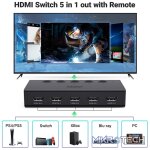 UGreen 90512 HDMI V2.0 5-In 1-Out 4K@60Hz Amplified Switch With Infrared Remote And 1X USB-A To USB-C 5V/1A Cable For Additional Power And 3D/ HDCP2.2/ EDID/ Audio Supported - Black Colour - Image 2