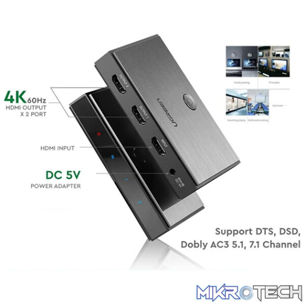 UGreen 50707 HDMI V2.0 1-In to 2-Out 2Port Amplified Splitter Supports 4K@60Hz resolution, 18Gbps Bandwidth Speed and HDCP 2.2 - Black Colour - Image 2