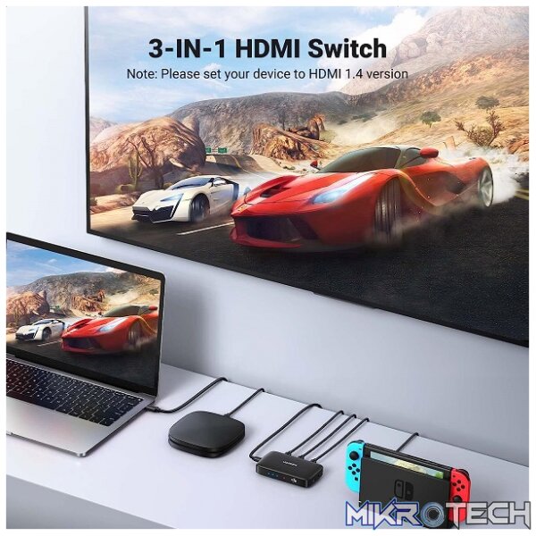 UGreen 80125 HDMI 3-In 1-Out 3Port Amplified Switch with IR Infrared Remote and Supports resolution up to 4K@30Hz - Black Colour - Image 3