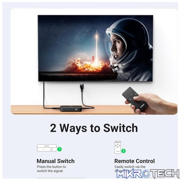 UGreen 80125 HDMI 3-In 1-Out 3Port Amplified Switch with IR Infrared Remote and Supports resolution up to 4K@30Hz - Black Colour - Image 4