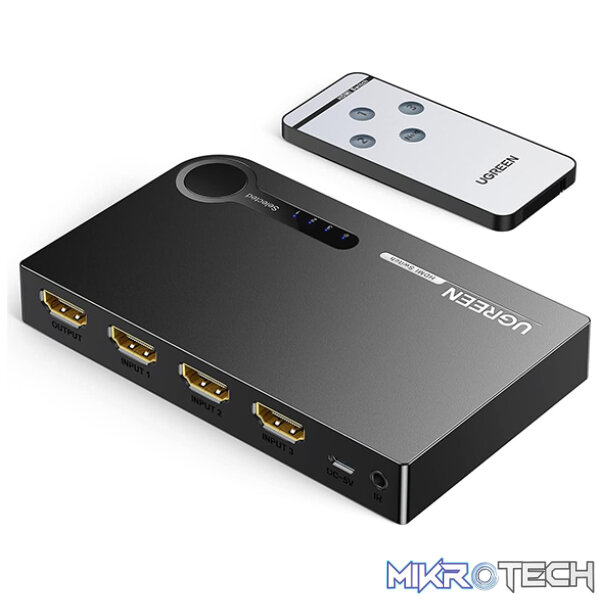 Product UGreen 40234 HDMI 3-In 1-Out 3Port Amplified Switch with Infrared Remote and Support resolution up to 4K@30Hz - Black Colour - Image 1