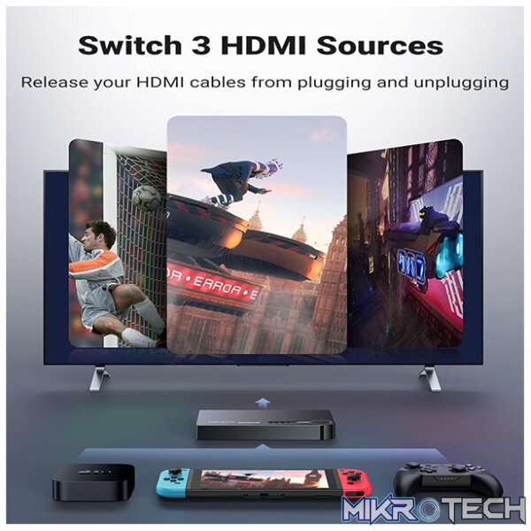 UGreen 40234 HDMI 3-In 1-Out 3Port Amplified Switch with Infrared Remote and Support resolution up to 4K@30Hz - Black Colour - Image 2