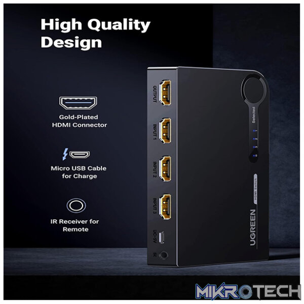 UGreen 40234 HDMI 3-In 1-Out 3Port Amplified Switch with Infrared Remote and Support resolution up to 4K@30Hz - Black Colour - Image 3