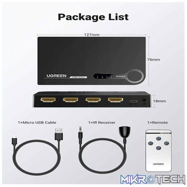 UGreen 40234 HDMI 3-In 1-Out 3Port Amplified Switch with Infrared Remote and Support resolution up to 4K@30Hz - Black Colour - Image 4