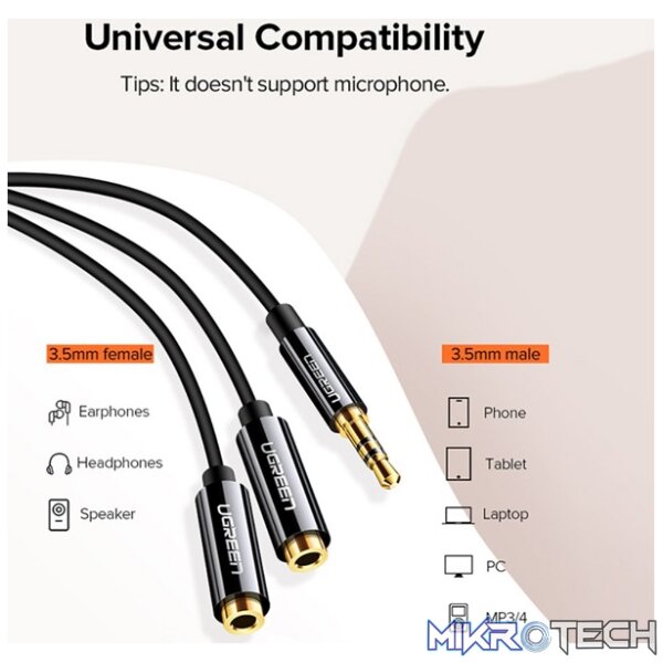 UGreen 20816 3.5mm Aux Male To 2X 3.5mm Female Stereo Audio 0.25m Splitter Cable With Gold-Plated Connection Reducing Transmission Loss And Enable 2 Headphones Connections - Black Colour - Image 4