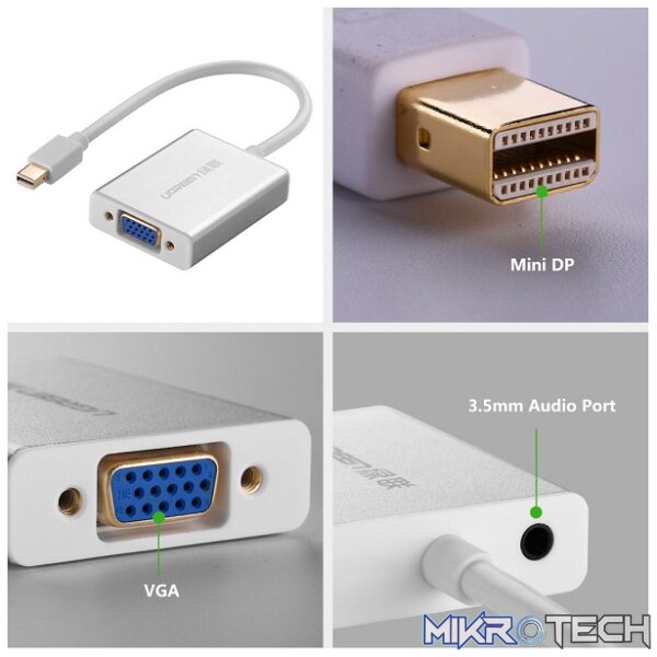 UGreen 10437 Mini DisplayPort Male to VGA With Audio Female Adapter With Gold-Plated Connectors and Supports Resolution up to 1080P@60Hz - White Colour - Image 4