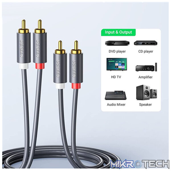 UGreen 30747 2RCA Male To Male Round Stereo 1m Cable With Gold-Plated Connectors And Delivers Smooth And Crisp Sound - Grey Colour - Image 3