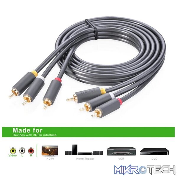 UGreen 10524 3RCA Male To Male Round Audio And Video 1.5m Cable With Gold-Plated Connectors - Grey Colour - Image 2