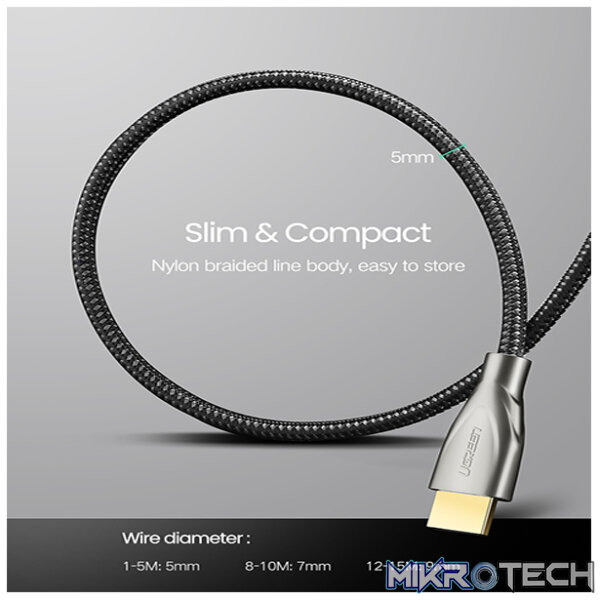 UGreen 50110 HDMI V2.0 Male to Male Zinc-Alloy Carbon Fibre Braided 5m Cable with Gold-Plated Connectors and Supports resolution up to 4K@60Hz - Grey Colour - Image 3