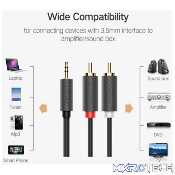 UGreen 10512 3.5mm Male to 2RCA Male Audio 3m Cable with Gold-Plated Connectors & Connecting devices with 3.5mm port to sound systems - Black Colour - Image 4