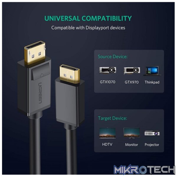 UGreen 10211 DisplayPort V1.2 Male to Male 2m Cable with Gold-Plated Connectors and Supports resolution up to 4K@60Hz - Black Colour - Image 4