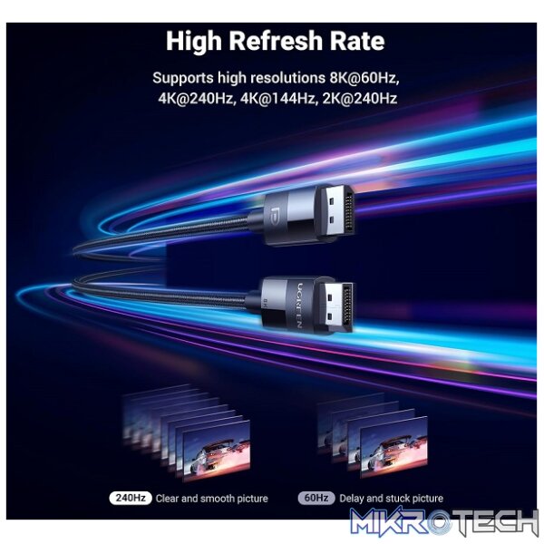 UGreen 80393 Vesa Certified DisplayPort V1.4 Male To Male 8K@60Hz Ultra-HD Braided 3m Cable With Buckle Lock And Supporting NV G-Sync And AMD FreeSync - Black Colour - Image 4