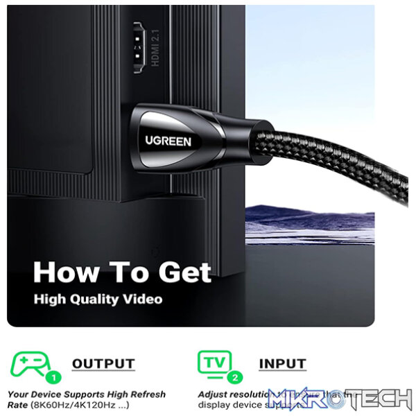 UGreen 80402 HDMI V2.1 Male To Male 8K@60Hz 1.5m Braided Cable With Solid Nickle Plated Connector, 48Gbps Data Transfer Rate, Dynamic HDR10+ And eARC And HDCP 2.2&2.3 - Black Colour - Image 4