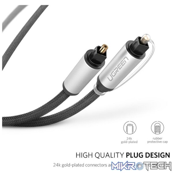 UGreen 10540 Toslink Fibre Optical Male to Male Braided Round Audio 2m Cable With Metal Casing & Gold-Plated Connectors - Black Colour - Image 4