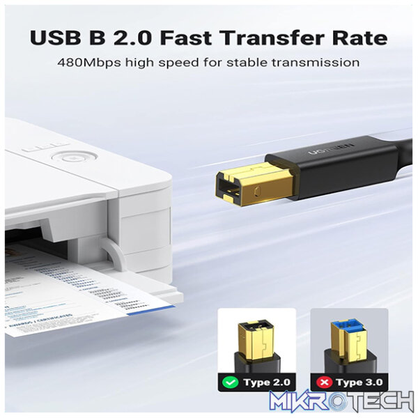 UGreen 20847 USB-A 2.0 Male to USB-B 2.0 Male Printer 2m Cable With Gold-Plated Connectors & Supports Data Transfer Speed up to 480Mbps - Black Colour - Image 3
