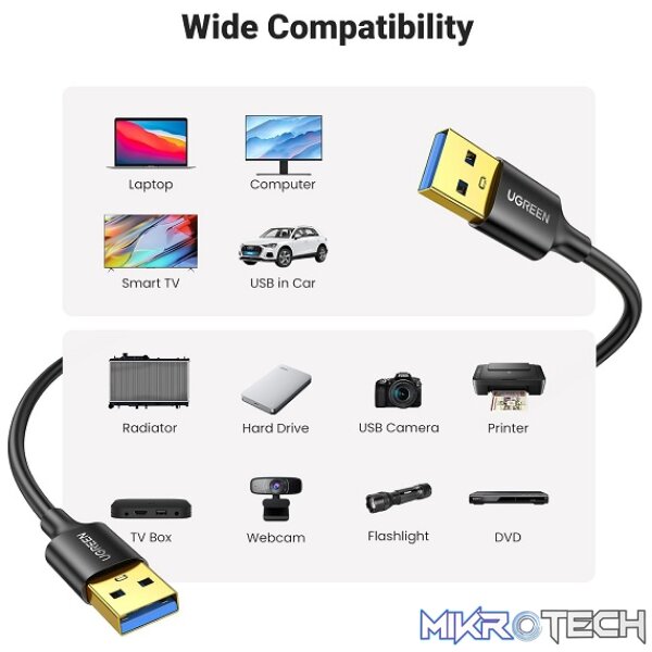 UGreen 10370 USB-A 3.0 Male to Male 1m Cable With Gold-Plated Connectors & Supports Data Transfer Rate up to 5Gbps - Black Colour - Image 2